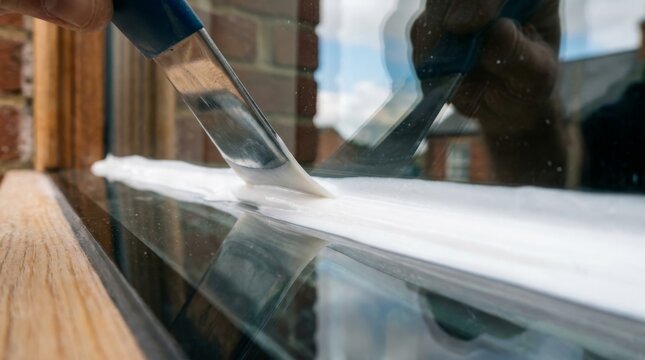 Hand applying sealant with a tool to a wooden window frame