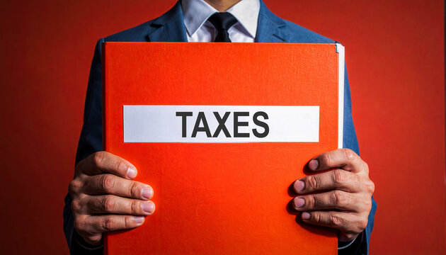Homme d'affaires tenant un dossier rouge marqu&eacute; Taxes