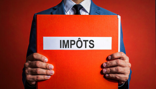 Homme d'affaires tenant un dossier rouge marqu&eacute; Imp&ocirc;ts