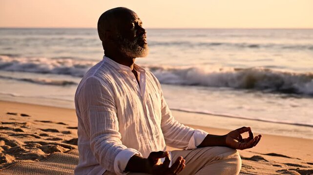 Senior African American man sitting in meditation on a sandy beach at sunset, wearing a white shirt and light trousers, with eyes closed and hands in mudra pose near the ocean waves.
