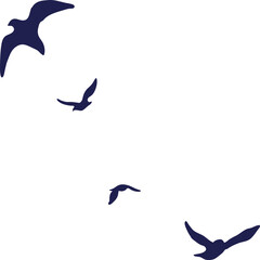 Obraz premium A group of dark blue bird silhouettes are depicted in flight against a clean white background. The illustration captures the dynamic movement of the flock across the open space.