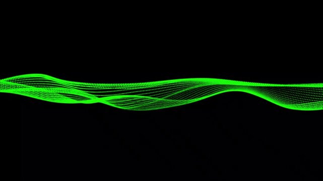 Abstract flowing green wave of particles on black background and visualization of a formed by countless small particles, smoothly