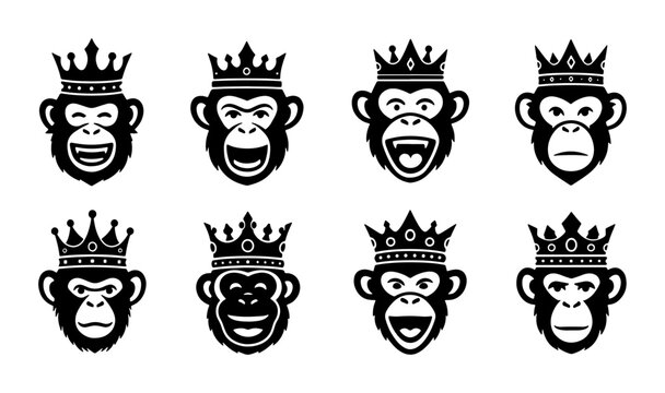 Monkeys with Crowns Vector Icons Set, Royal Primate Faces Collection, King Ape Emblems, Black and White Animal Graphics for Royalty and Power Concepts