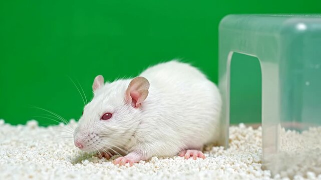 Close-Up Of A White Laboratory Mouse In A Clean Isolated Environment With Green Background Ideal For Educational Or Scientific Use