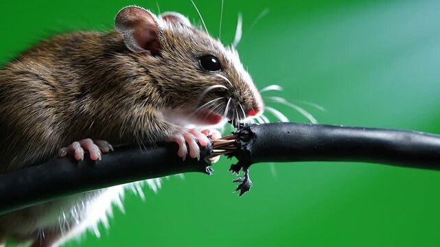 Close-Up Of A Mischievous Brown Mouse Nibbling On A Frayed Black Wire Against A Vibrant Green Background