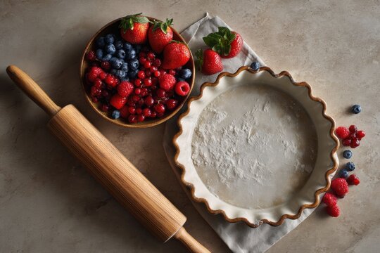 Bowl with fresh variety of berries and empty baking dish on kitchen table with rolling pin. Process of preparing fruit pie. Cooking ingredients for homemade dessert and healthy food.