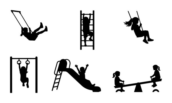Children's Playground Silhouettes: Swings, Slide, See-Saw, Climbing Wall, Monkey Bars, Vector Icons for Kids Activities, Outdoor Fun, Childhood Memories