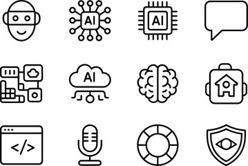 Fototapeta premium Artificial Intelligence and Smart Technology Line Icon Set with Robot Cloud Security and Coding Symbols