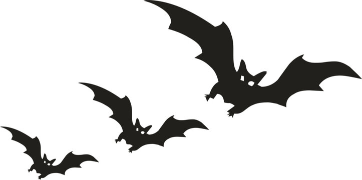A simple vector illustration featuring three black bat silhouettes in various sizes, depicted in flight against a clean white background. The bats are stylized with sharp wings and visible eyes.