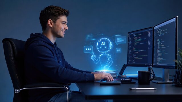 Programmer Using AI Robot Assistant for Modern Software Development
