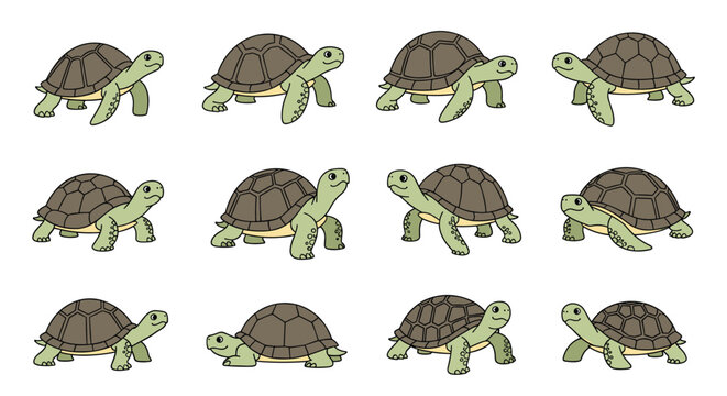 Sequential animation frames of a cartoon turtle walking showing various positions of limbs and head for smooth movement.