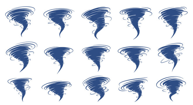 Collection of dark blue tornado silhouettes in various stages of rotation and intensity against a clean white background.