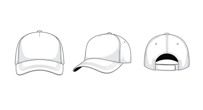 Three different view perspectives of a classic white baseball cap including front, side, and back angles for design mockup.