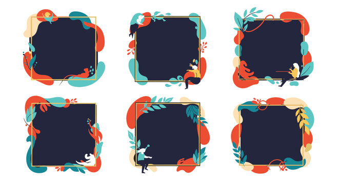 Artistic square frames decorated with colorful abstract shapes leaves and small human silhouettes in various active poses.