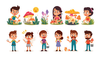 Fototapeta premium Mushroom Picking Adventures: A collection of adorable children and adults exploring a vibrant forest, gathering whimsical mushrooms with expressions of excitement and wonder.