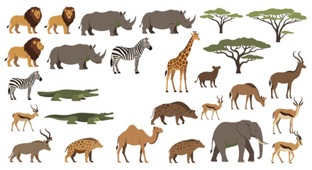 Fototapeta premium Diverse set of African savanna animals including lions, zebras, giraffes, and elephants alongside acacia trees for a safari theme or wildlife education.