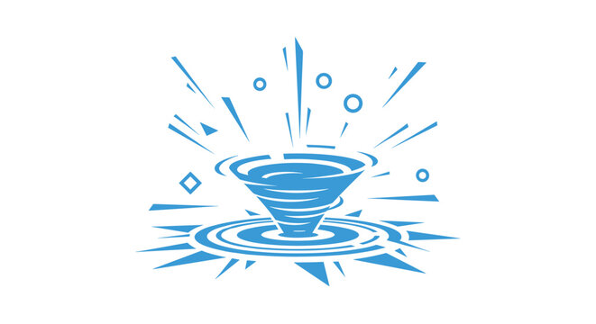Dynamic blue whirlwind or water portal graphic effect with splashes and geometric shapes isolated on a clean white background for game art elements.