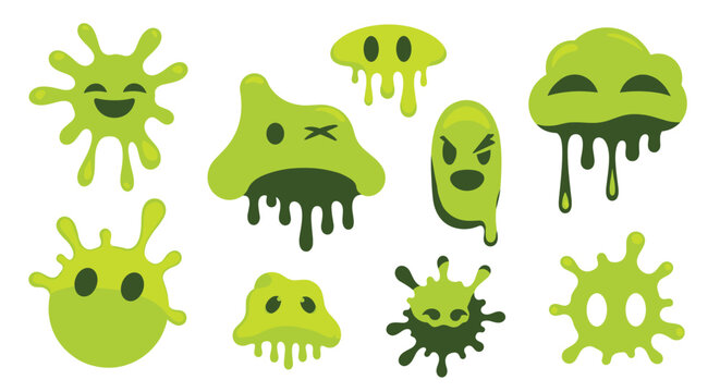 Group of friendly green slime monsters with various goofy facial expressions and dripping effects for a fun, cartoonish character set for game design.