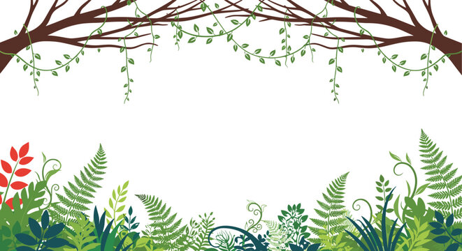 Lush tropical frame design composed of tree branches, hanging vines, and various ferns for a nature-inspired border or background for exotic themes.