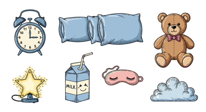 Hand-drawn illustrations of bedtime essentials including an alarm clock, pillows, teddy bear, milk, and sleep mask for a cozy sleep routine theme.