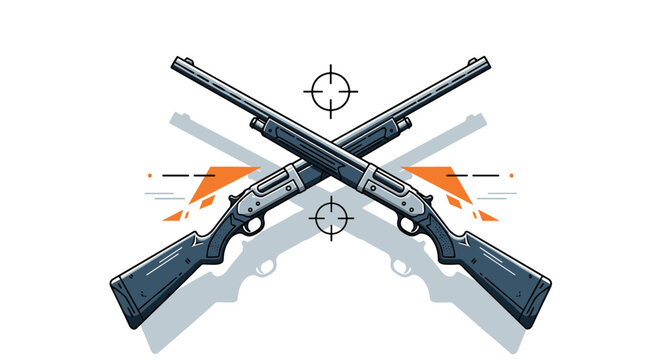 Crossed shotgun barrels with targeting reticle symbols and geometric orange accents for hunting, shooting range, or outdoor sport-related graphics.
