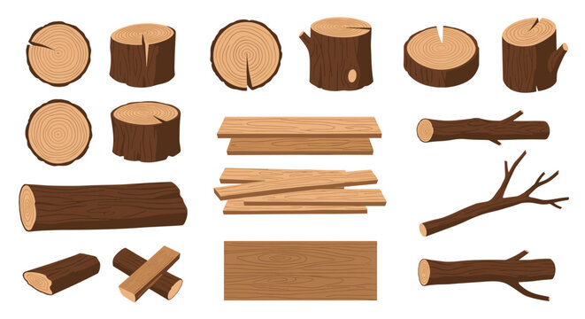 Set of various wood elements including cut logs, timber planks, tree stumps, and branches isolated on a white background.
