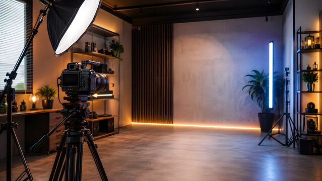 Modern empty video studio with professional camera softbox lighting and creative production space