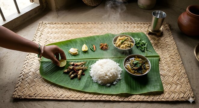 Assamese traditional Thali with rice and various side dishes on banana leaf.