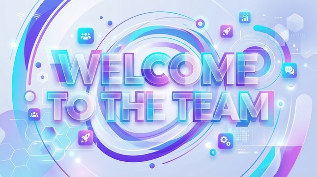 A modern creative HR onboarding visual with &ldquo;Welcome to the Team&rdquo; in expressive modular typography, letters built from layered translucent shapes, frosted glass effect combined with crisp vector edges