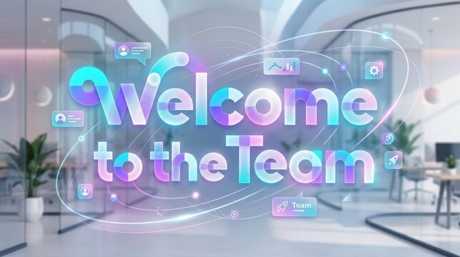 A modern creative HR onboarding visual with &ldquo;Welcome to the Team&rdquo; in expressive modular typography, letters built from layered translucent shapes, frosted glass effect combined with crisp vector edges