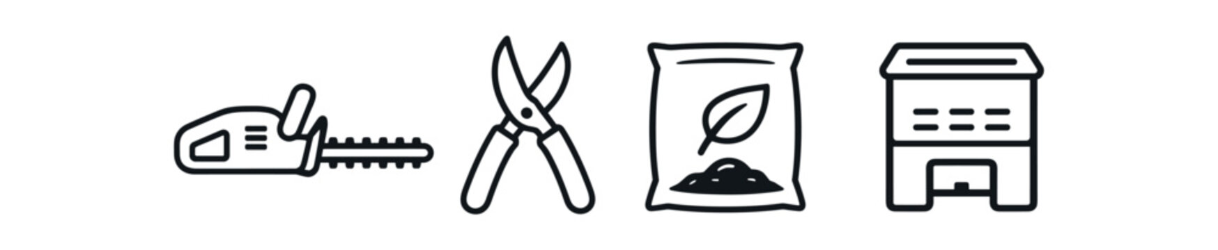 Gardening tools and supplies icon set. chainsaw, pruning shears, soil bag, compost bin, trimming, yard work. line vector illustration.