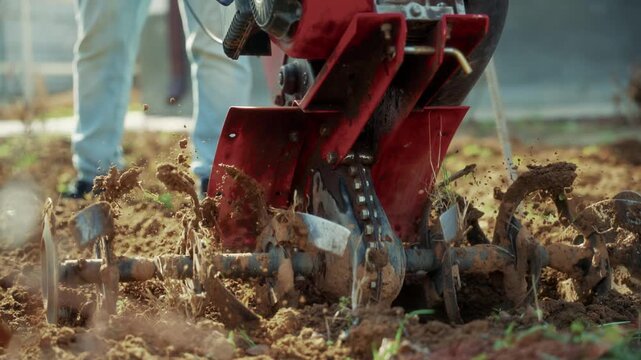 Rotating cultivator blades digging and turning garden soil