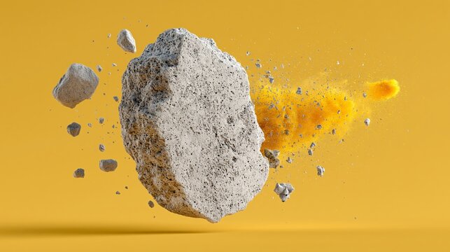 Fragmented concrete rock exploding with dust and debris against a vibrant yellow background, showcasing dynamic motion and texture in a 3D rendering