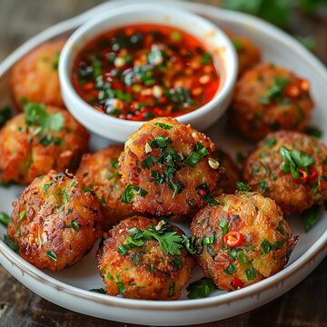 Thai fish cake spicy dipping sauce crispy texture appetizer authentic Thai street food close up shot vibrant colors high detail crunch effect