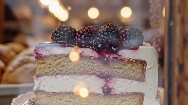 Delicious blackberry cake with white frosting and layered sponge displayed in a bakery shop window