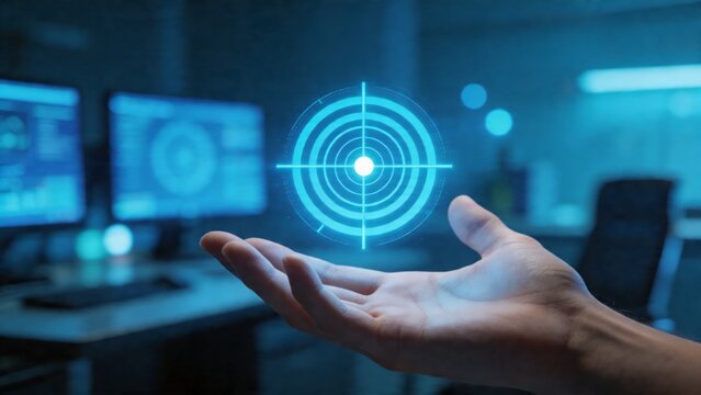 A hand holds a glowing blue target in a dark office with computer screens, representing focus, precision, and innovation in technology and data analysis.