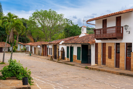 Colombia, Barichara, typical street with traditional houses in Barichara