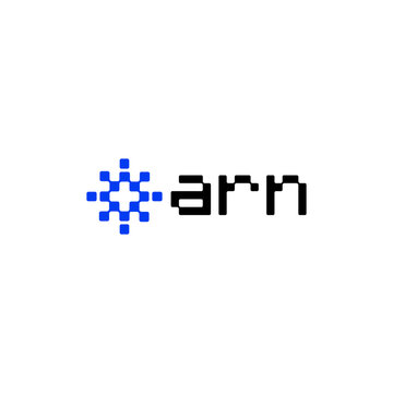 Arn logo features a blue geometric star symbol positioned next to minimalist black pixelated typography against a clean white background to represent a modern technology brand identity.