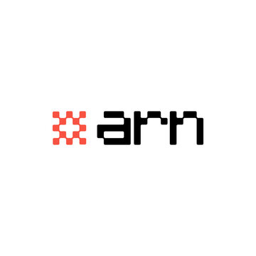 Arn logo features a simple red pixelated icon followed by clean white lowercase letters on a solid white surface.