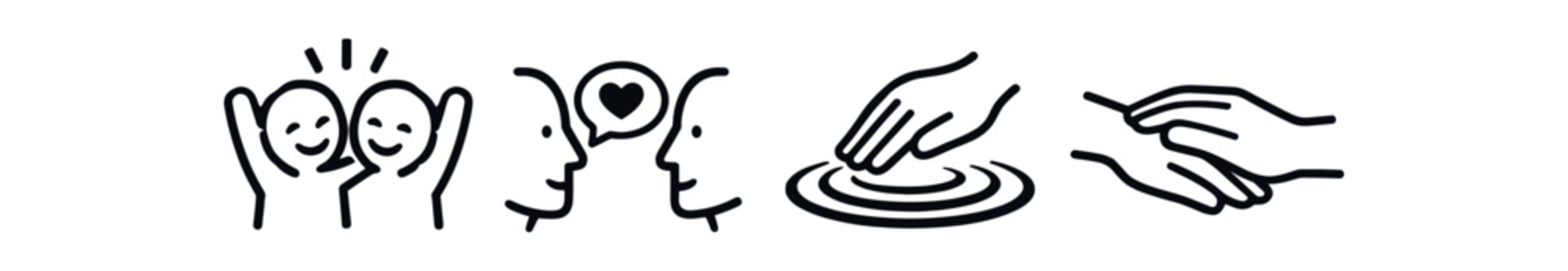 Care and connection icon set. celebration, affectionate conversation, offering plate and hand gestures of care. line vector illustration.