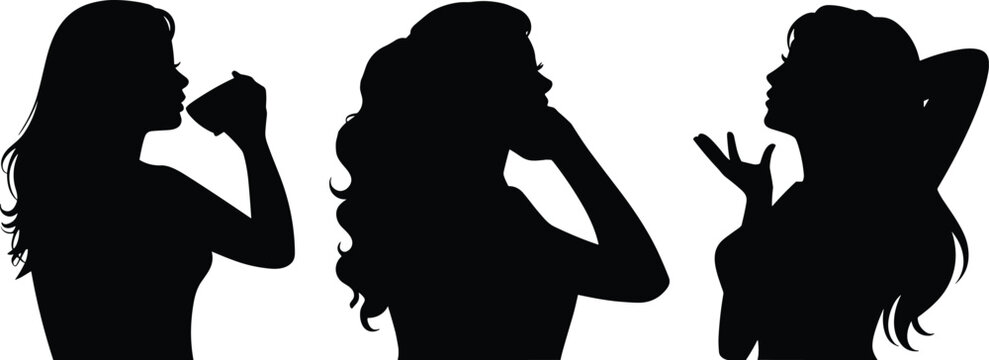 Elegant woman silhouette collection featuring feminine profiles drinking coffee, talking on phone, blowing a kiss, and posing with long wavy hair.