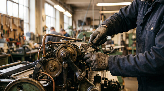 A mechanic checks vintage machinery for efficiency and durability &ndash; a minimalist workshop for industrial maintenance, restoration and technical precision