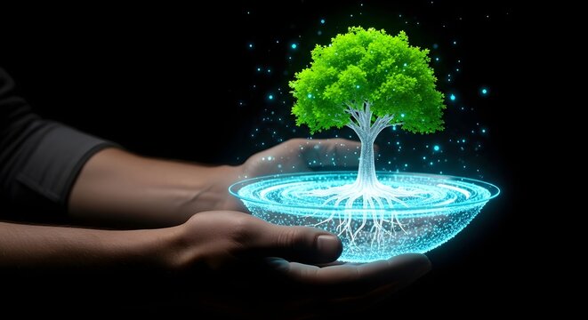 Hand holding glowing digital tree with roots and energy particles on dark background