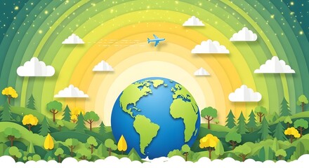Naklejka premium Earth with rainbow and airplane flying over green landscape with trees and clouds