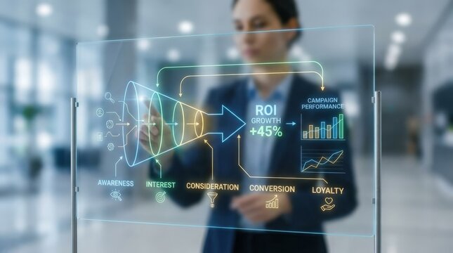 Conversion rate optimization concept, digital marketing funnel with awareness, interest, consideration, conversion and loyalty stages, ROI growth, customer journey metrics and campaign performance