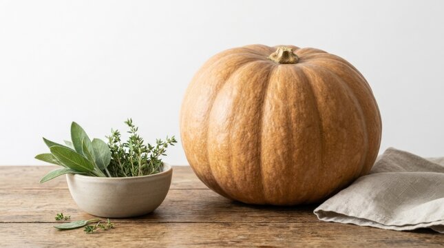 Nutmeg pumpkin on white background, Georgian culture vegetable produce, Matilda style squash, natural light, clean commercial food styling, neutral unbranded tableware, appetizing realistic texture,