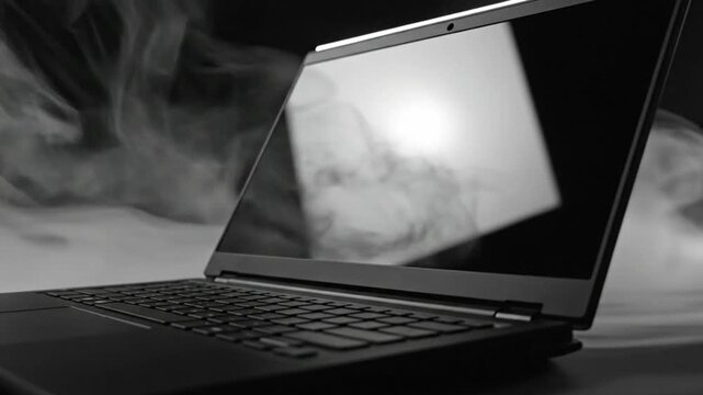 Black and White Laptop with Smoke, Reflecting Light and Shadows in a Moody, Cinematic Scene