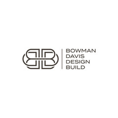 Fototapeta premium Bowman Davis Design Build logo showcases a sophisticated interwoven monogram of two letter B shapes paired with precise architectural lettering on a plain background.