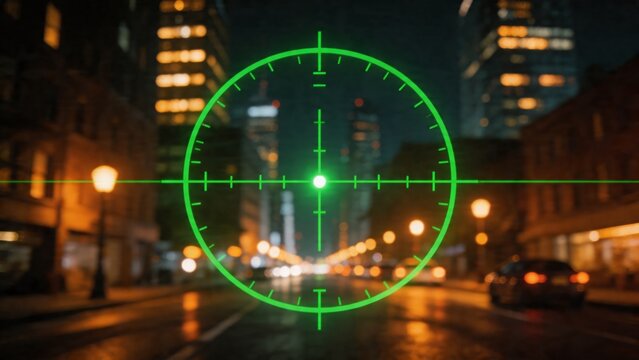 A green scope sight is overlaid on a blurred nighttime city street scene, with a car driving by and tall buildings in the background, creating a sense of focus and precision in an urban environment.