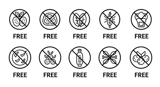 Set of Icons Indicating Free From Various Ingredients and Allergens